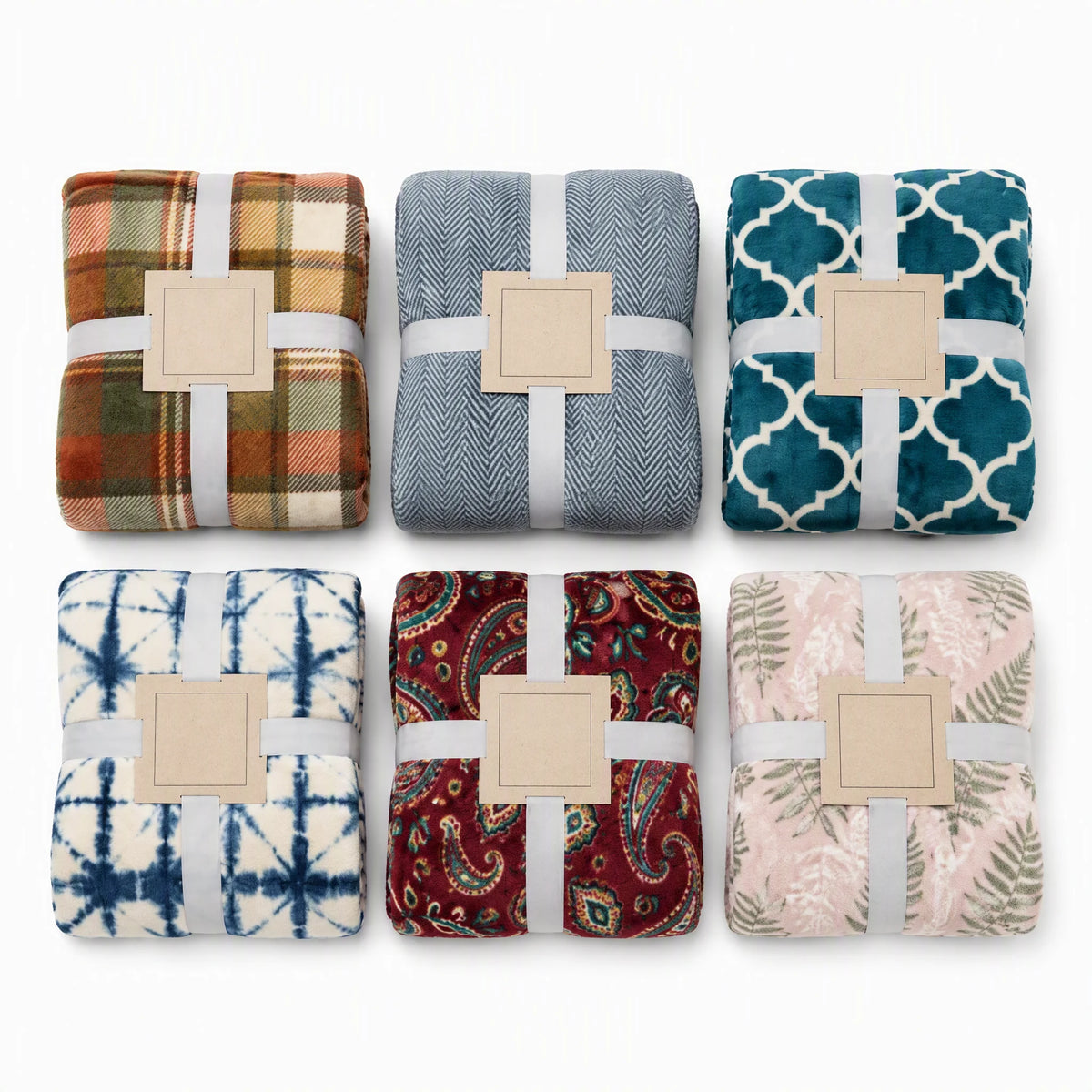 Custom 50x60 flannel fleece throw blanket in six patterns - plaid, herringbone, trellis, shibori, paisley and botanical