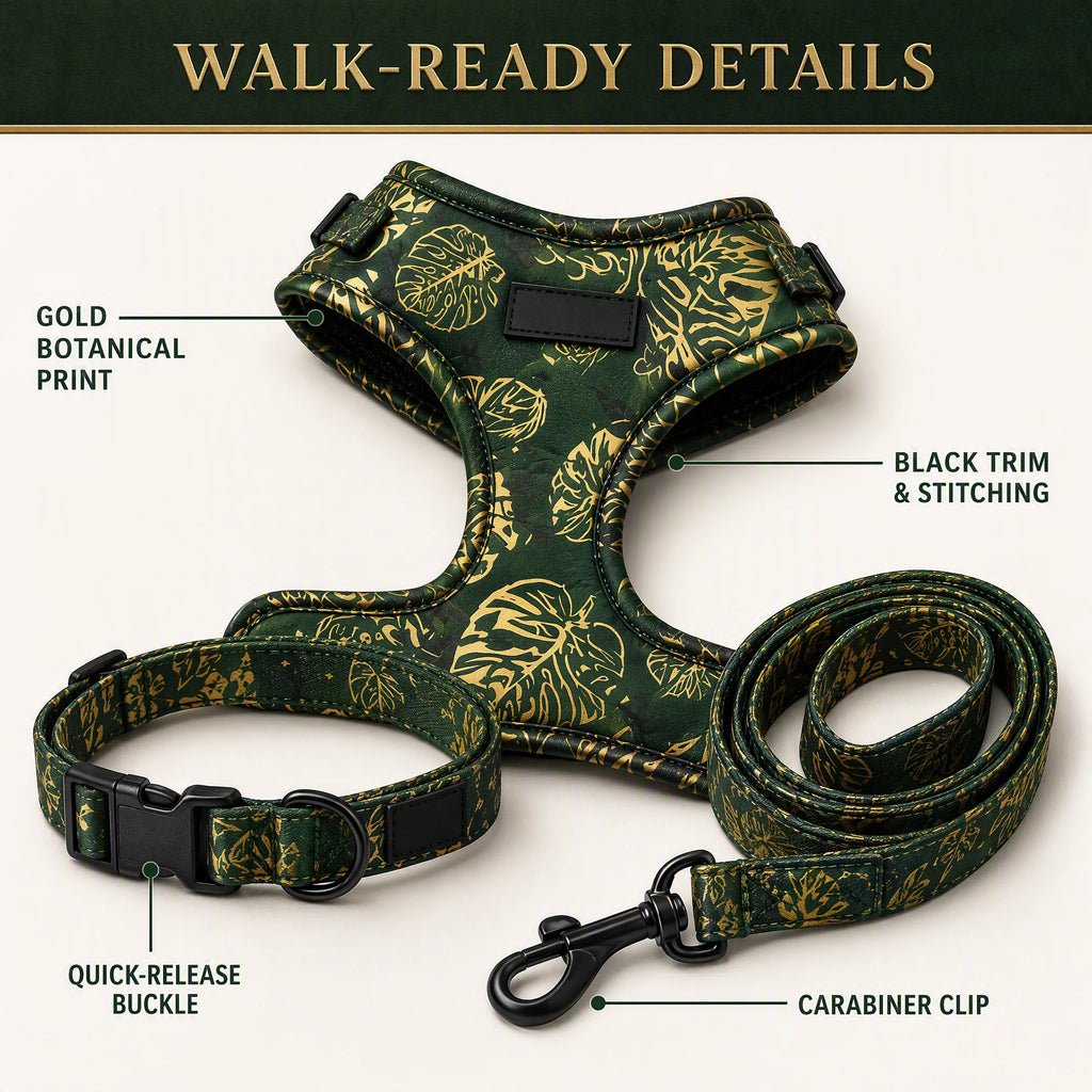 Dog kit details - gold botanical print, black trim and stitching, quick-release buckle and carabiner clip