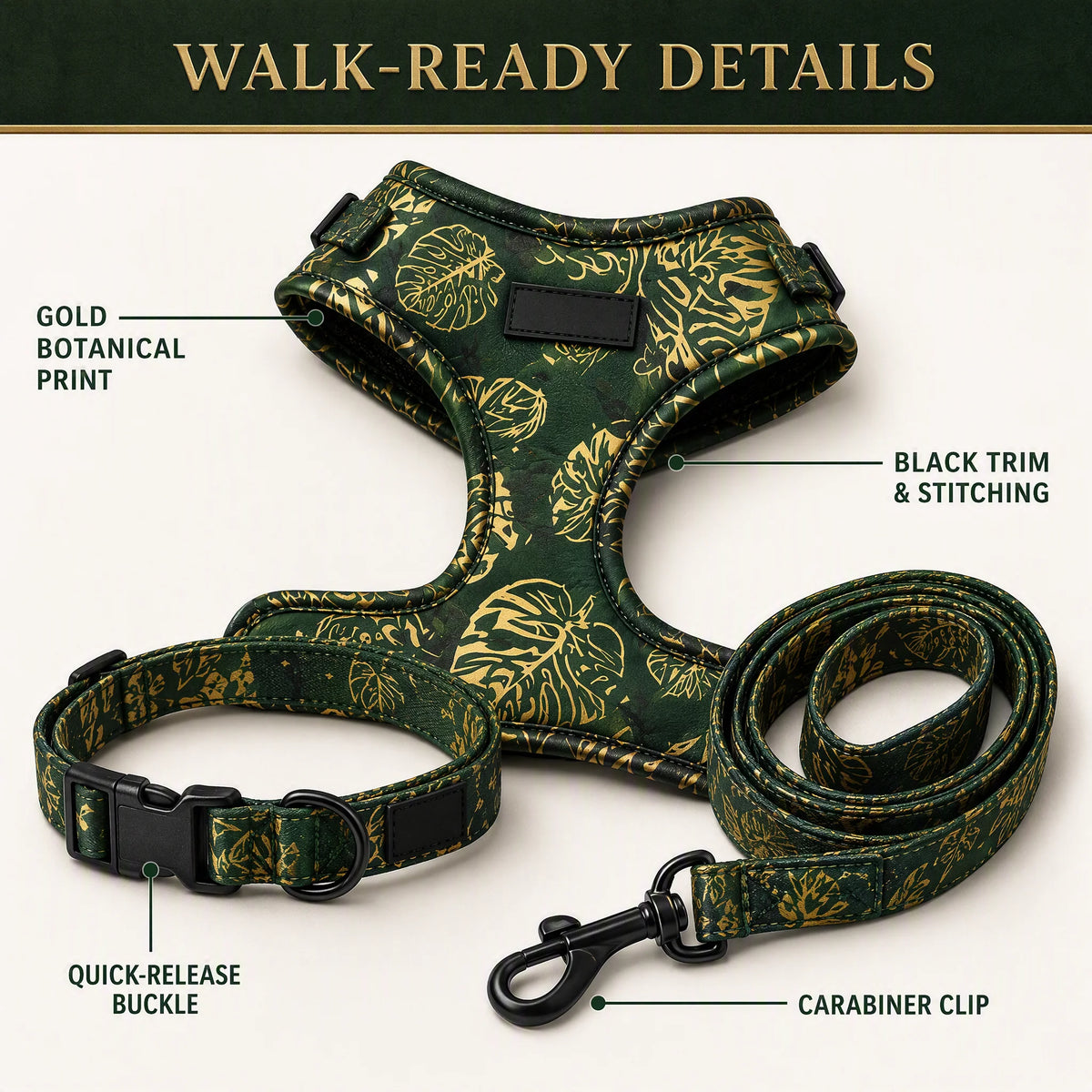 Dog kit details - gold botanical print, black trim and stitching, quick-release buckle and carabiner clip