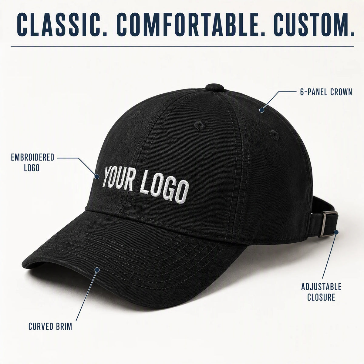Baseball cap details - embroidered logo, 6-panel crown, adjustable closure and curved brim