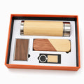 Custom bamboo eco gift set - bamboo vacuum cup, walnut card holder, pen set and keychain in a gift box