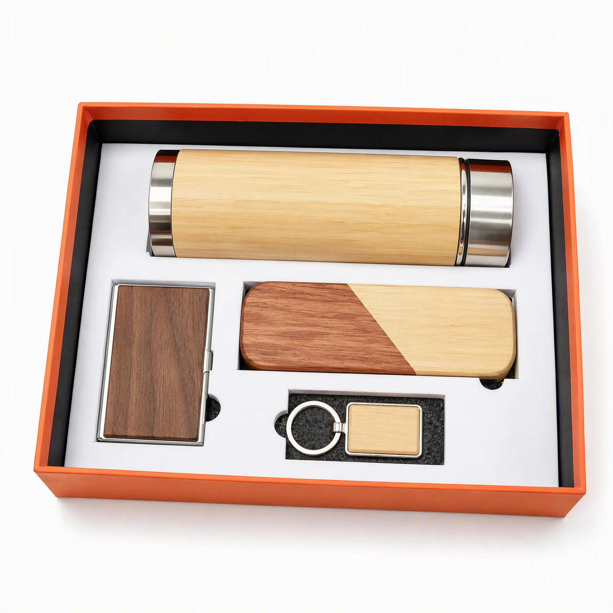 Custom bamboo eco gift set - bamboo vacuum cup, walnut card holder, pen set and keychain in a gift box