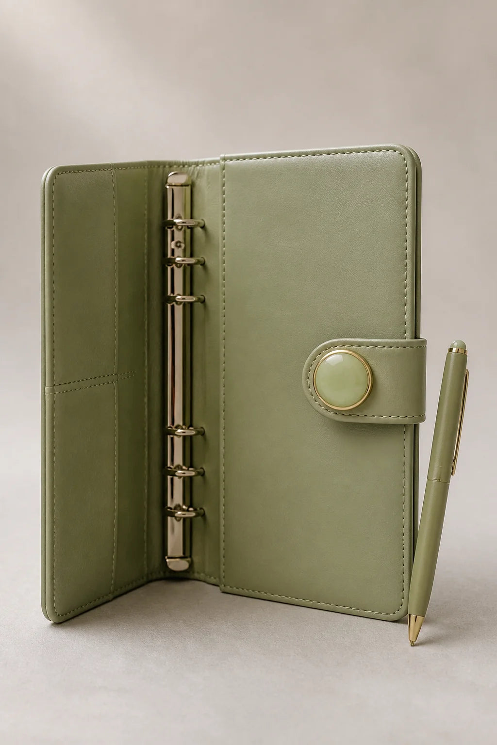 Sage green loose-leaf binder with open flap and matching pen