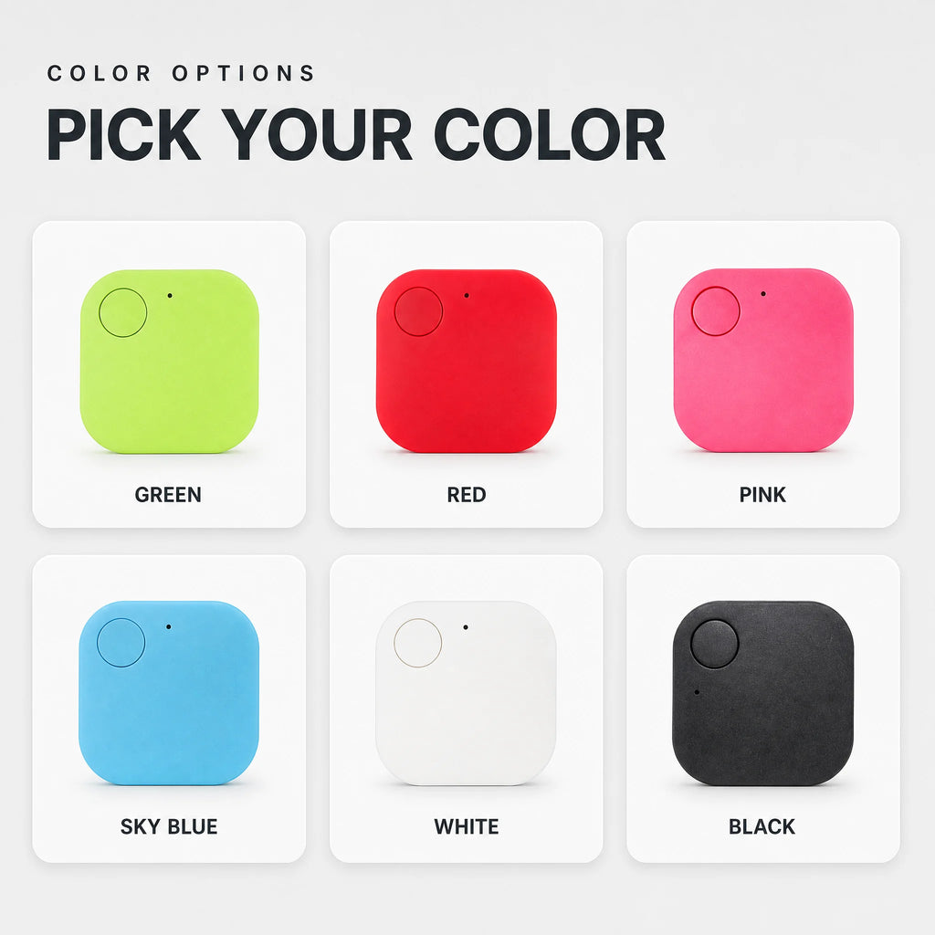 Bluetooth key tracker color options - green, red, pink, sky blue, white and black
