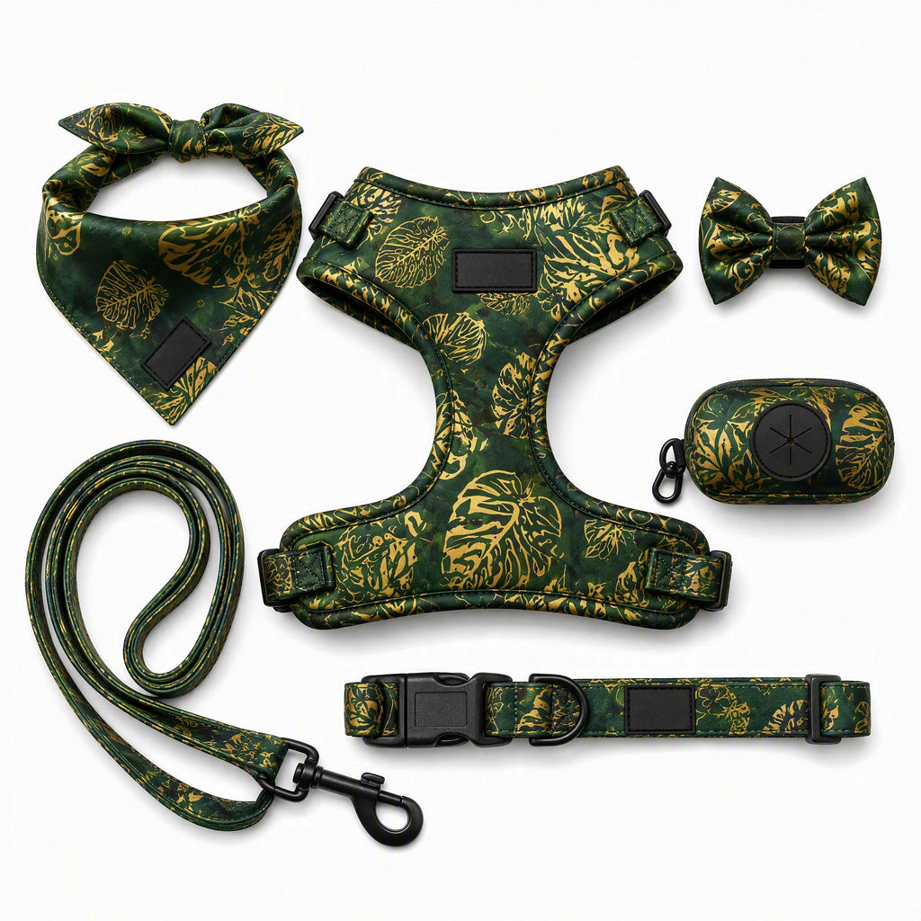Custom 6-piece botanical dog walking kit - harness, bandana, bow tie, poop bag holder, collar and leash