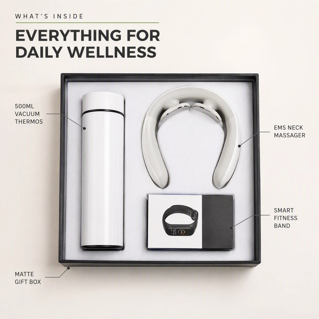 What's inside the wellness gift set - 500ml vacuum thermos, EMS neck massager, smart fitness band and matte gift box