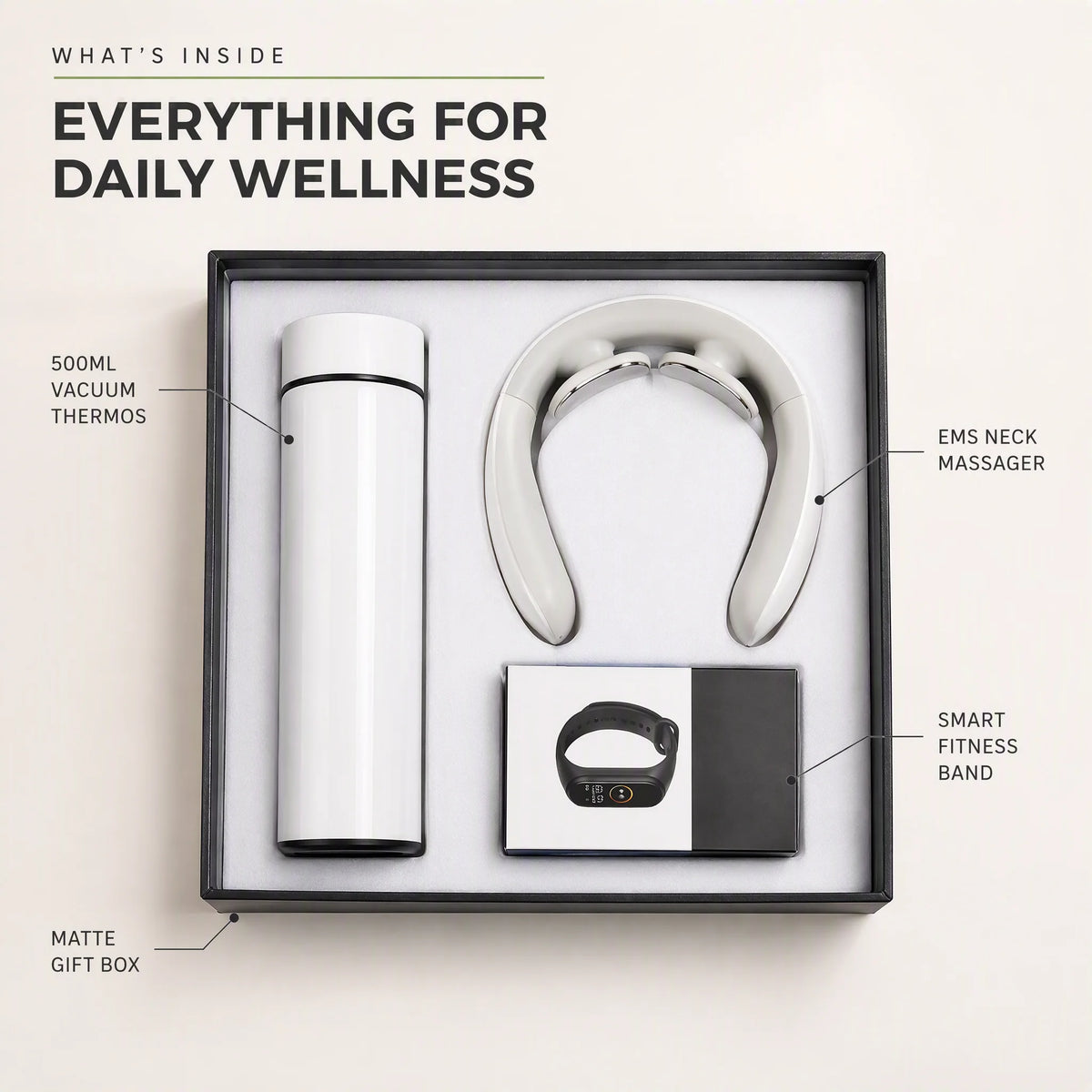 What's inside the wellness gift set - 500ml vacuum thermos, EMS neck massager, smart fitness band and matte gift box