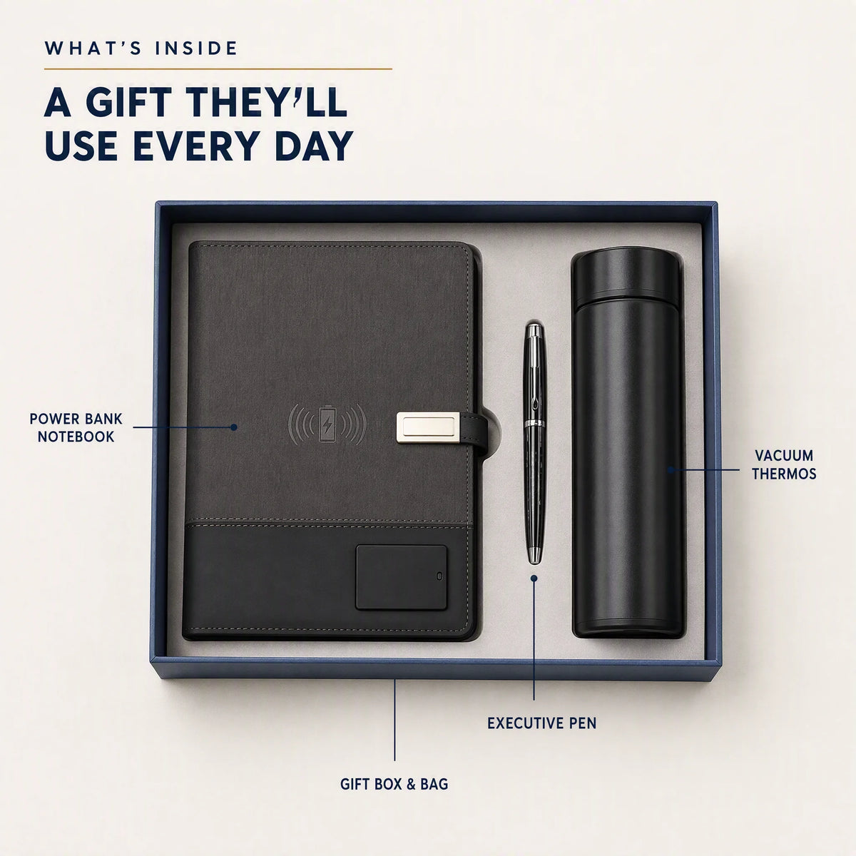 What's inside the set - power bank notebook, executive pen, vacuum thermos, gift box and bag
