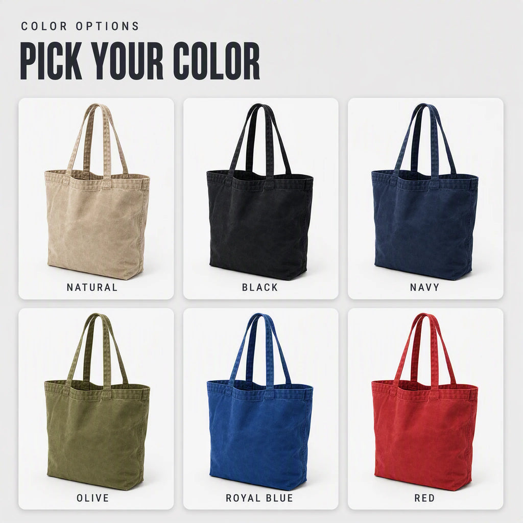 Canvas tote bag color options - natural, black, navy, olive, royal blue and red