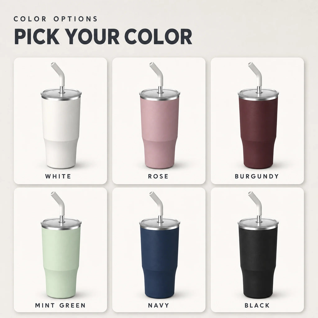 Insulated tumbler color options - white, rose, burgundy, mint green, navy and black