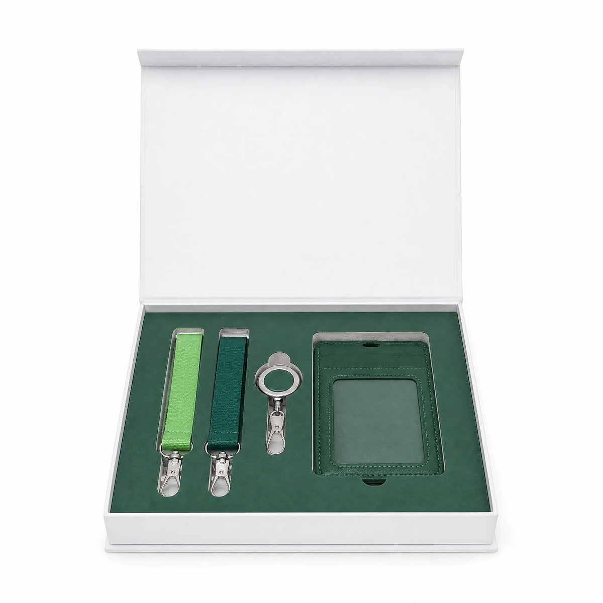 Custom corporate onboarding welcome kit - magnetic gift box with ID badge holder, lanyards and badge reel