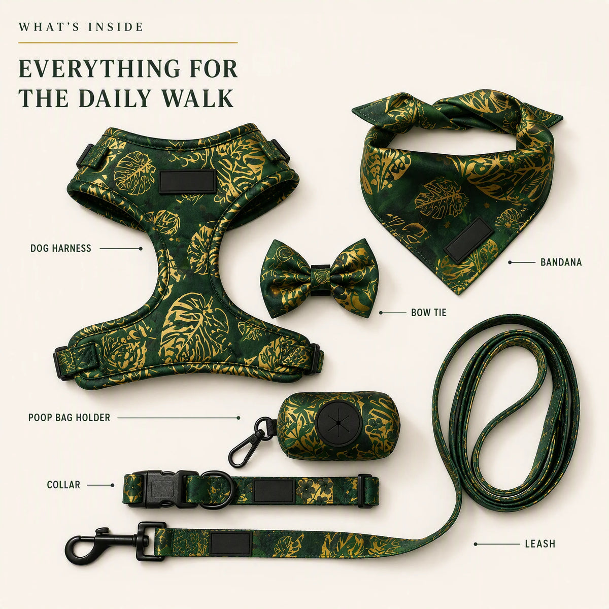 What's inside the dog walking kit - dog harness, bandana, bow tie, poop bag holder, collar and leash