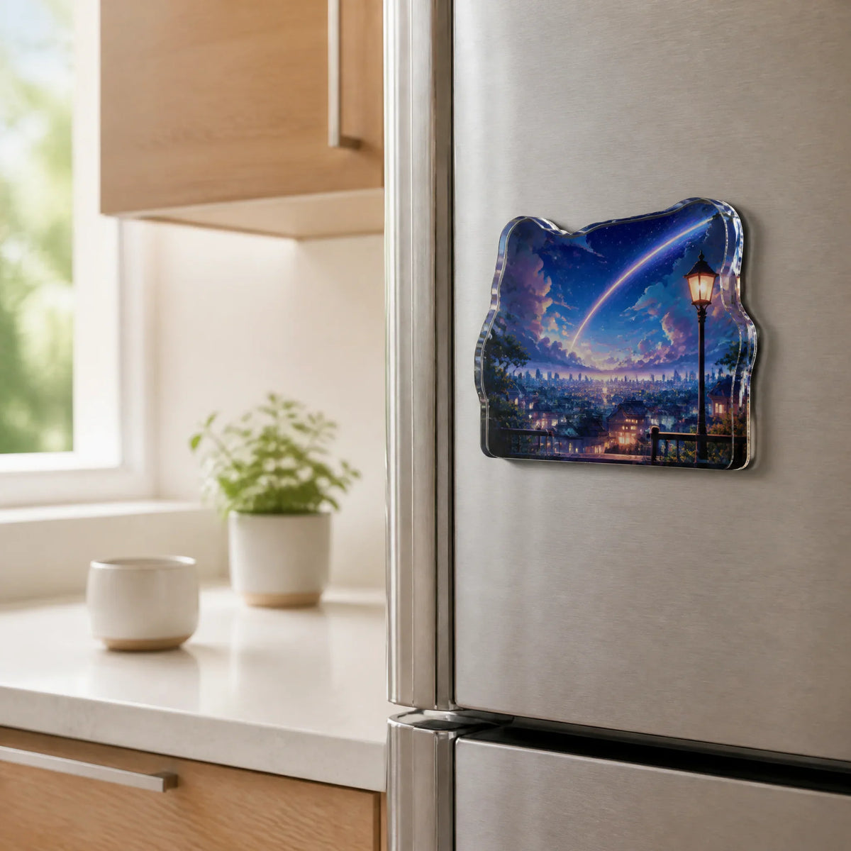 3D fridge magnet on refrigerator door in kitchen