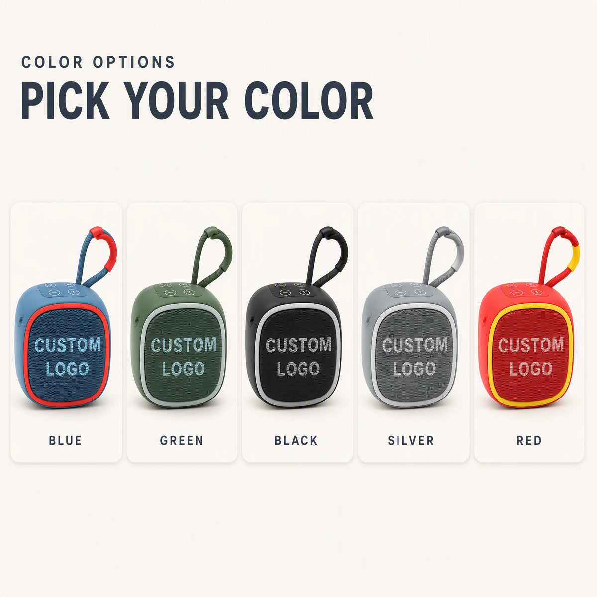 Bluetooth speaker color options - blue, green, black, silver and red