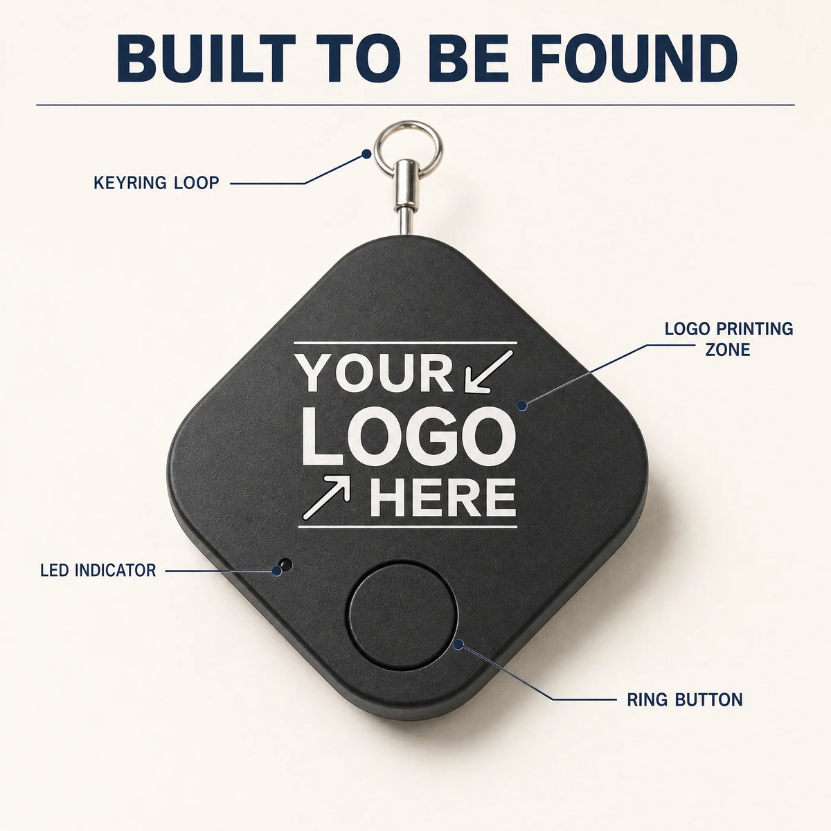 Key tracker details - keyring loop, ring button, LED indicator and logo printing zone