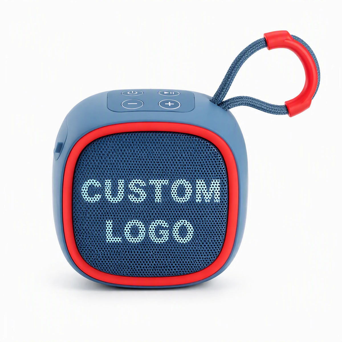 Custom portable Bluetooth speaker with lanyard in light blue with CUSTOM LOGO print zone