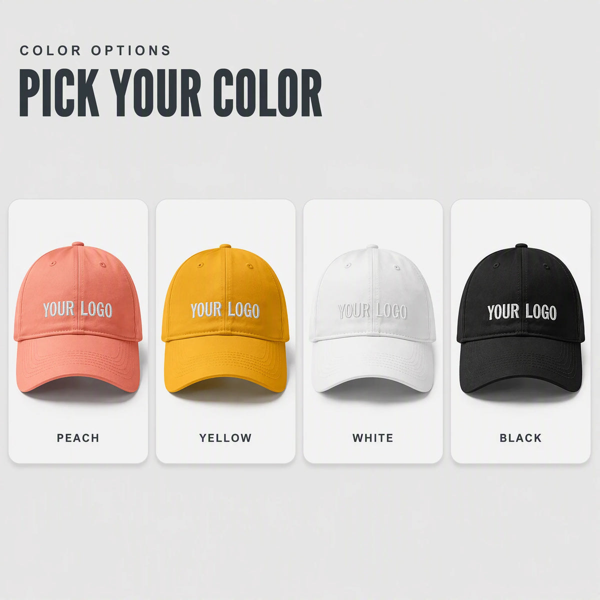 Baseball cap color options - peach, yellow, white and black