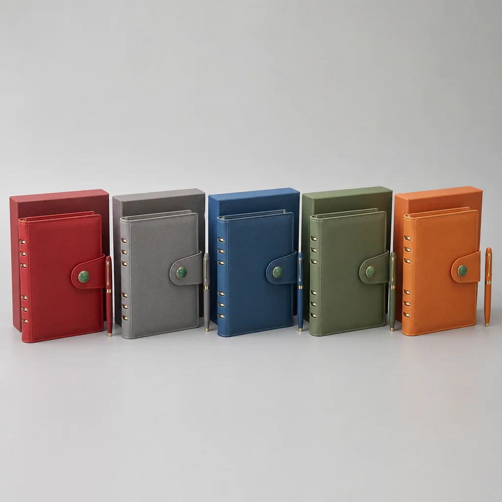 Five color options of loose-leaf binder sets with matching pens