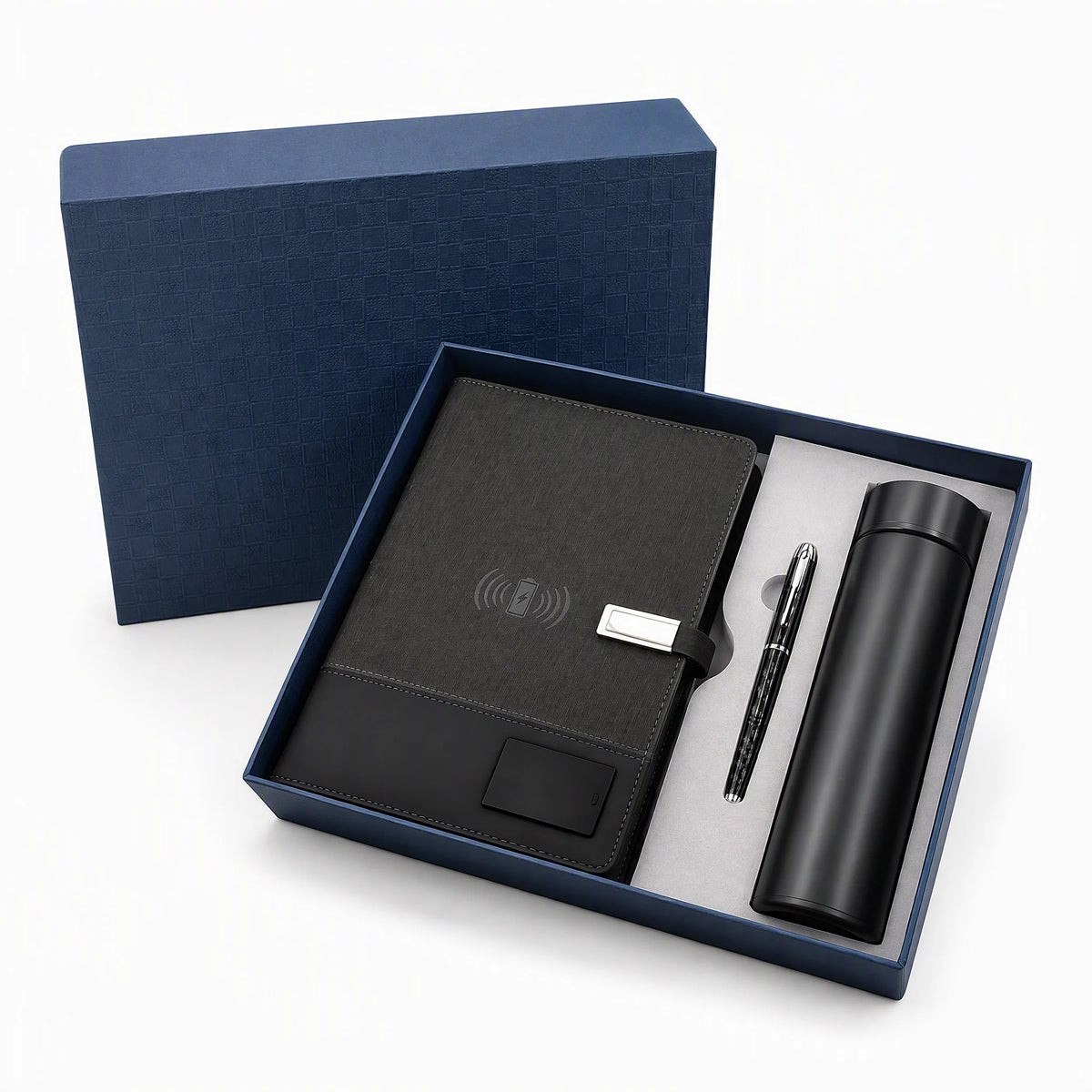 Custom wireless charging power bank notebook set - A5 notebook, pen and thermos in a navy gift box