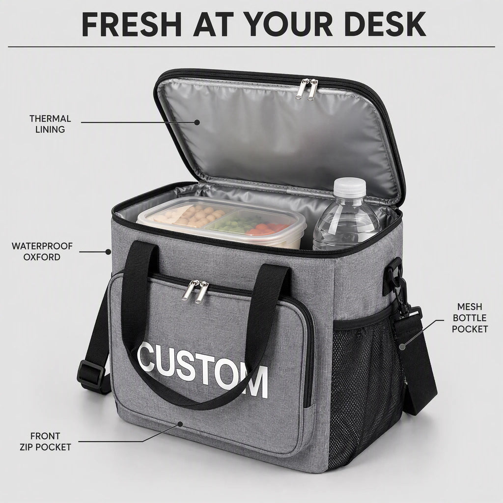 Lunch bag features - thermal lining, waterproof oxford, mesh bottle pocket and front zip pocket