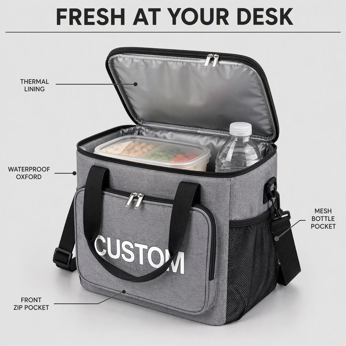 Lunch bag features - thermal lining, waterproof oxford, mesh bottle pocket and front zip pocket