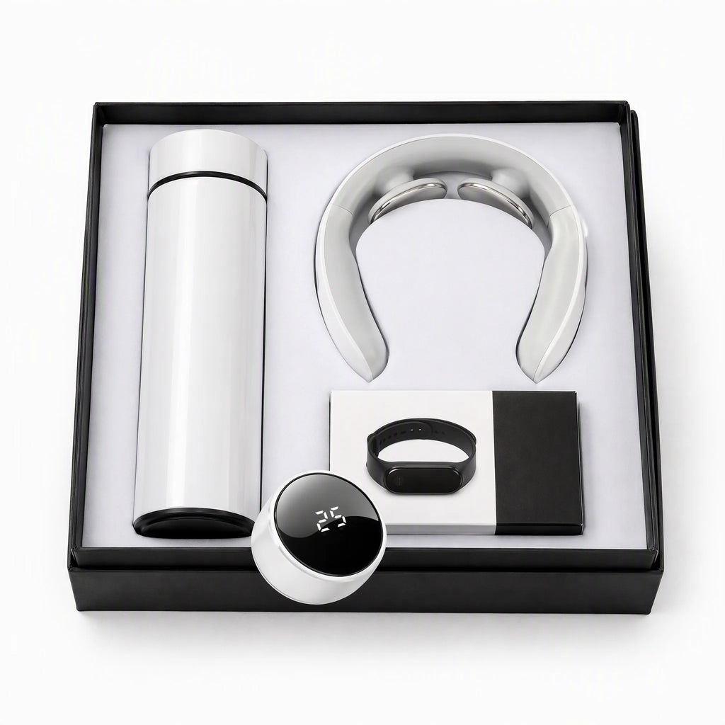 Custom wellness gift set - neck massager, smart fitness band and thermos in a matte black gift box