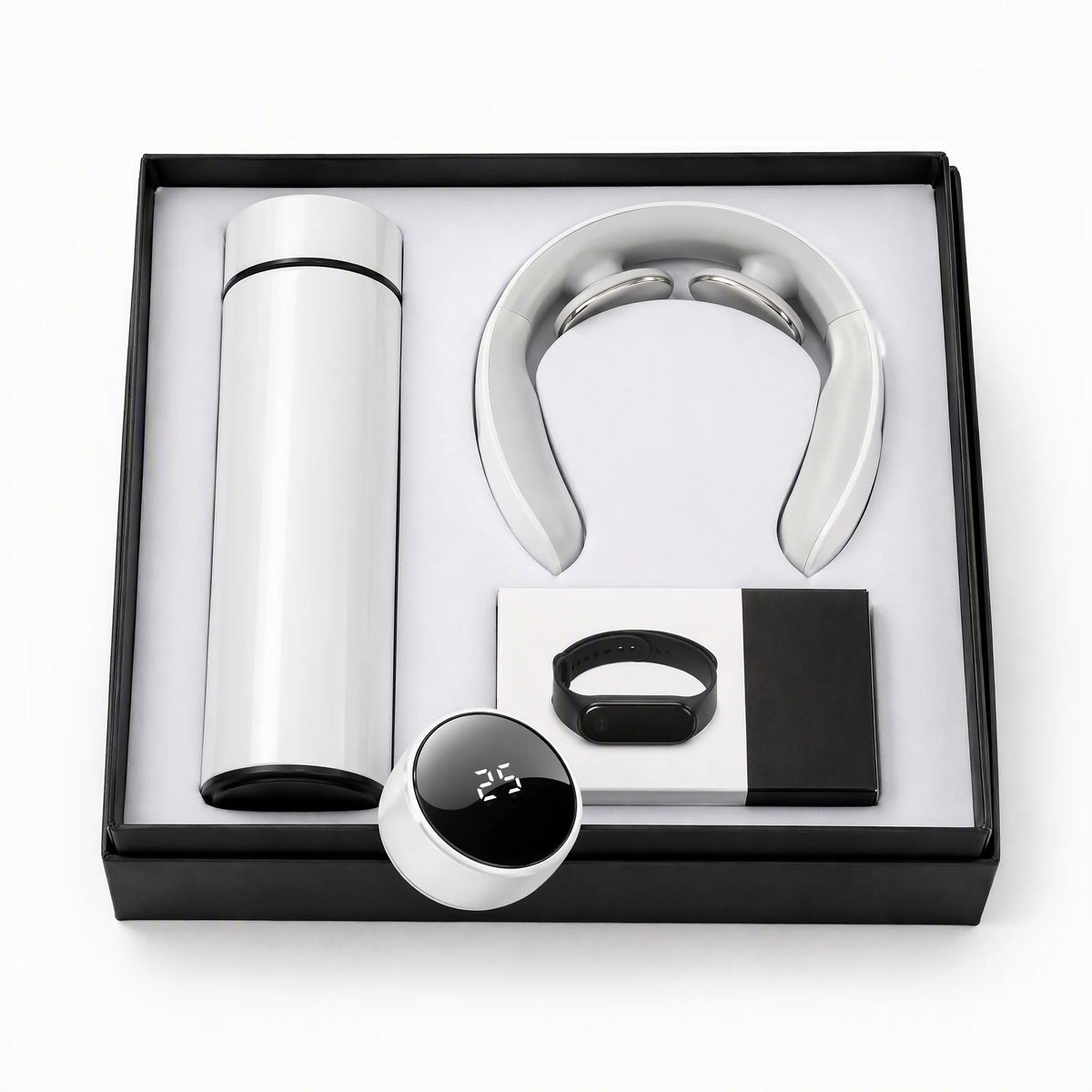 Custom wellness gift set - neck massager, smart fitness band and thermos in a matte black gift box