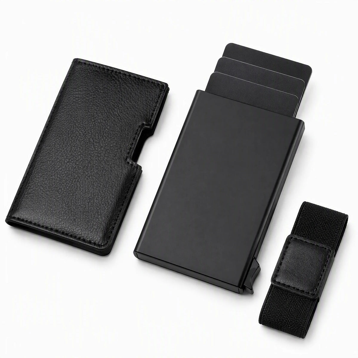 Custom RFID pop-up smart wallet - aluminum card case with leather sleeve and elastic band