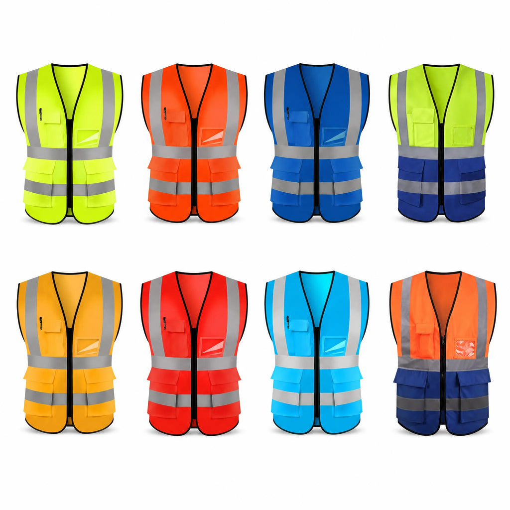 High-visibility reflective safety vest with V-neck and front zipper