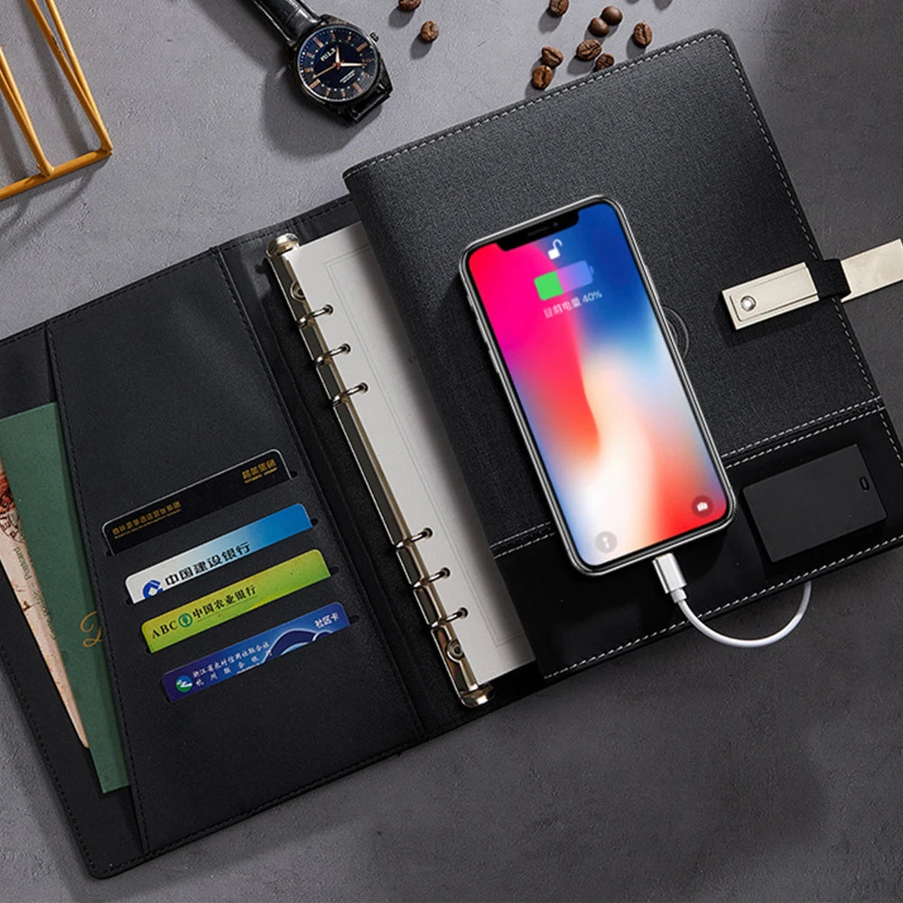 Custom A5 Journal Leather Hardcover Wireless Charger Gift Box Loose-leaf Notebook with Luxury Features - Image 6