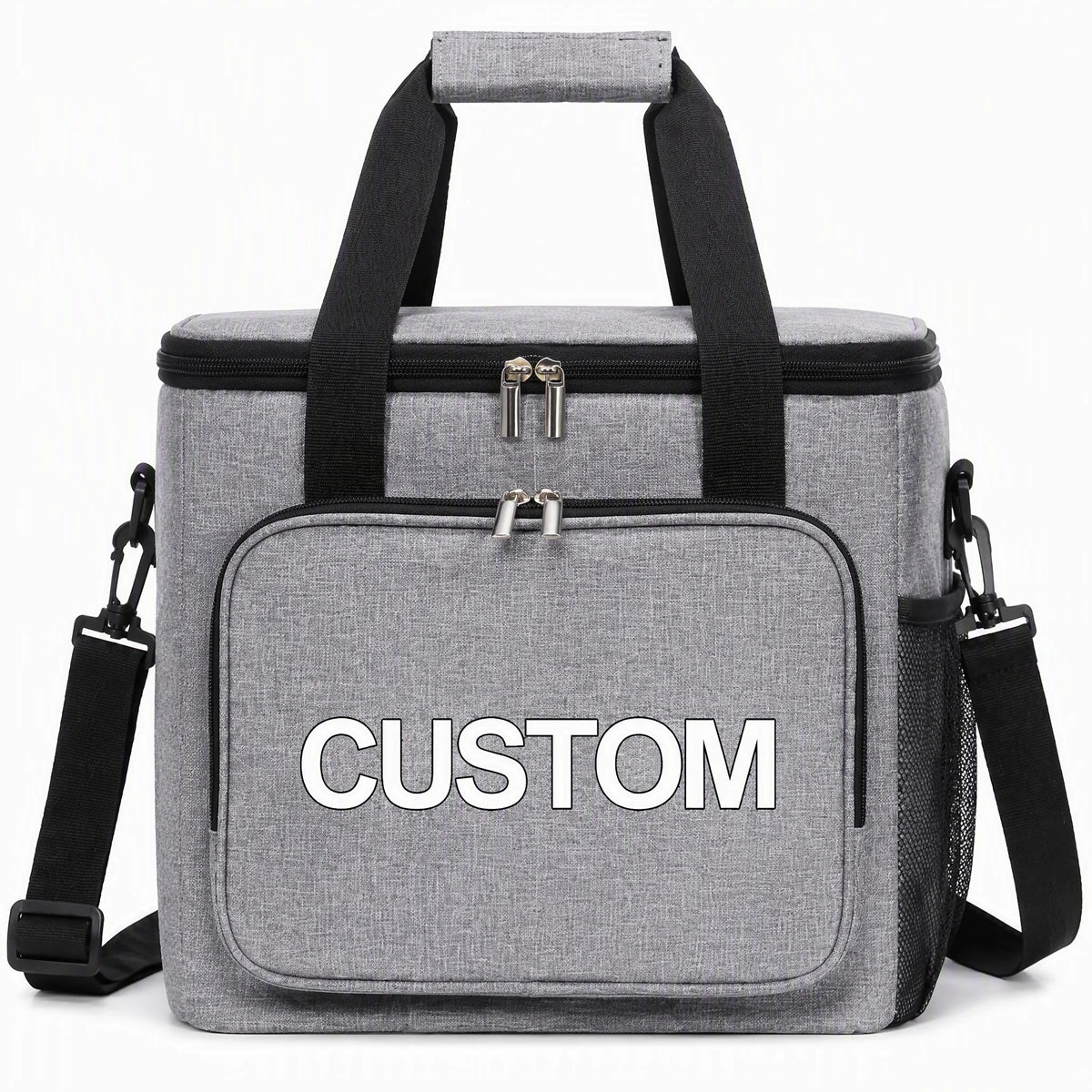 Custom insulated lunch bag thermal cooler tote in heathered grey with CUSTOM print zone