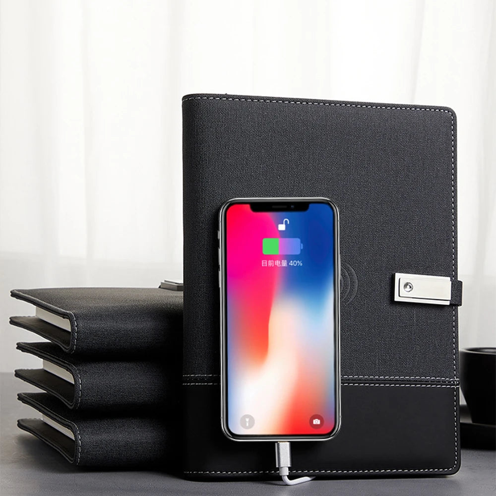 Custom A5 Journal Leather Hardcover Wireless Charger Gift Box Loose-leaf Notebook with Luxury Features - Image 2
