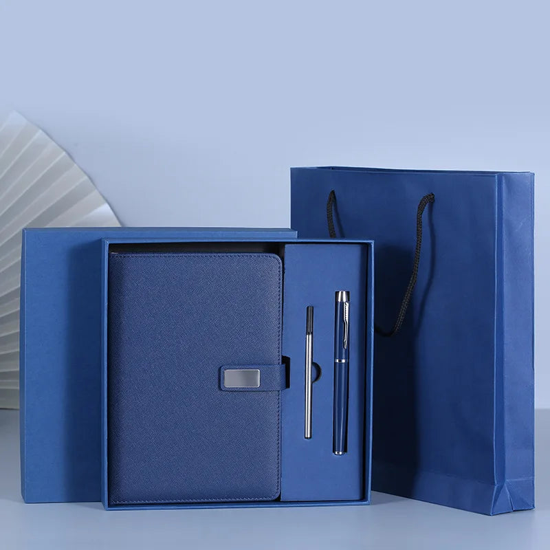 Navy A5 notebook with pen and refill in a gift box with bag