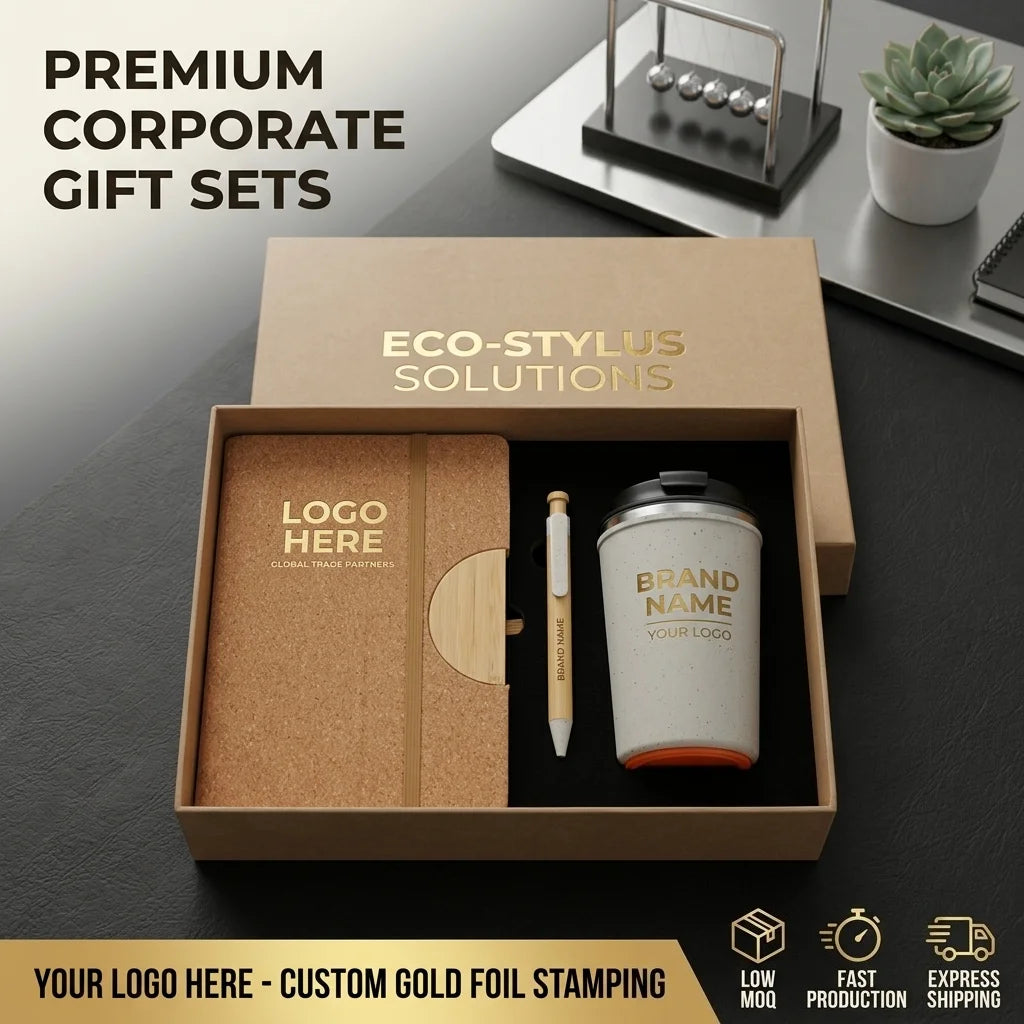 Custom Cork Notebook & Bamboo Pen Cup Set | Eco Gift