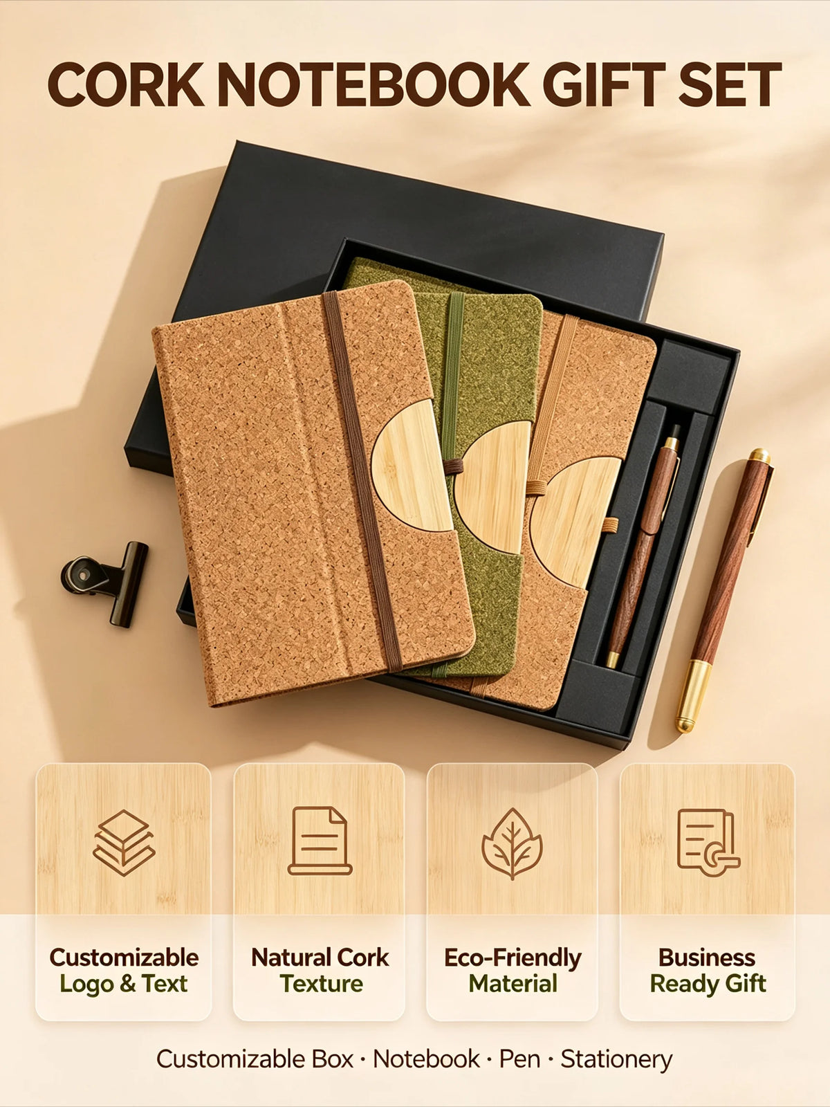 Custom Cork Notebook & Bamboo Pen Cup Set | Eco Gift