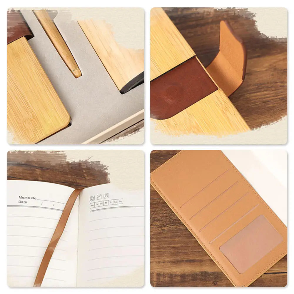 Custom A5 Notebook Gift Set - Wood Bamboo Diary Planner with Pen & Thermos Mug
