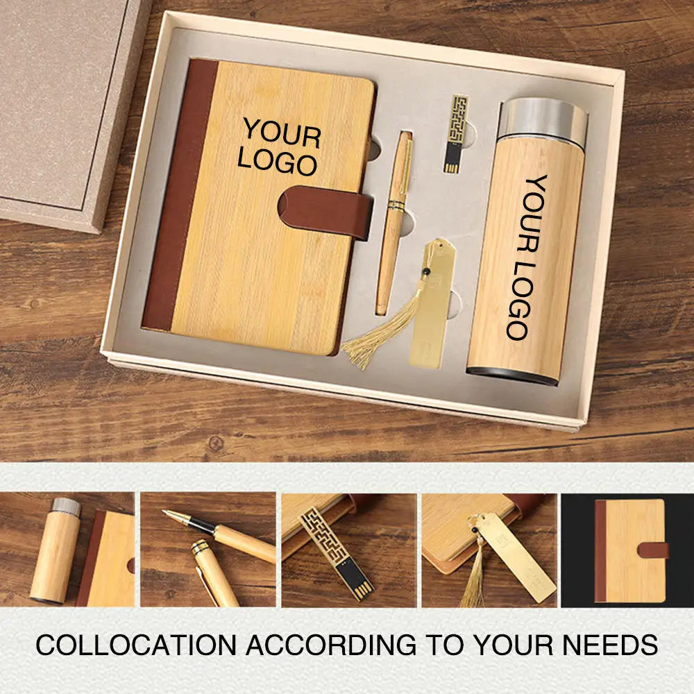 Custom A5 Notebook Gift Set - Wood Bamboo Diary Planner with Pen & Thermos Mug