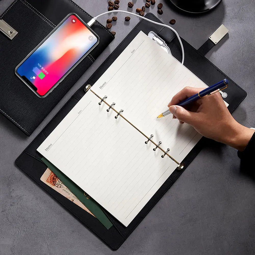 Custom A5 Journal Leather Hardcover Wireless Charger Gift Box Loose-leaf Notebook with Luxury Features - Image 5