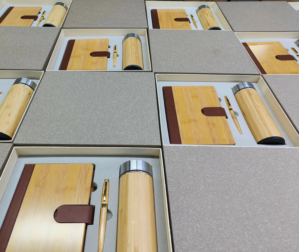 Custom A5 Notebook Gift Set - Wood Bamboo Diary Planner with Pen & Thermos Mug