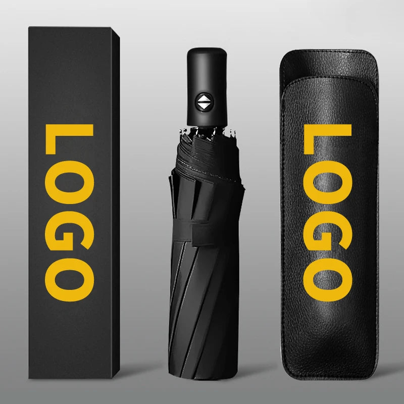 Custom Logo UV Black 3-Fold Automatic Umbrella - Sun & Rain Protection with Iron Tube Frame