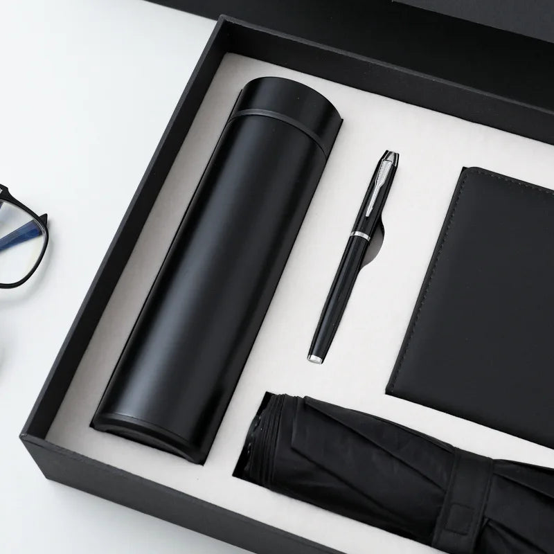 Wholesale Custom Logo Business Conference Gift Set - Umbrella Water Bottle PU Leather Notebook Stationery 4-Piece Set