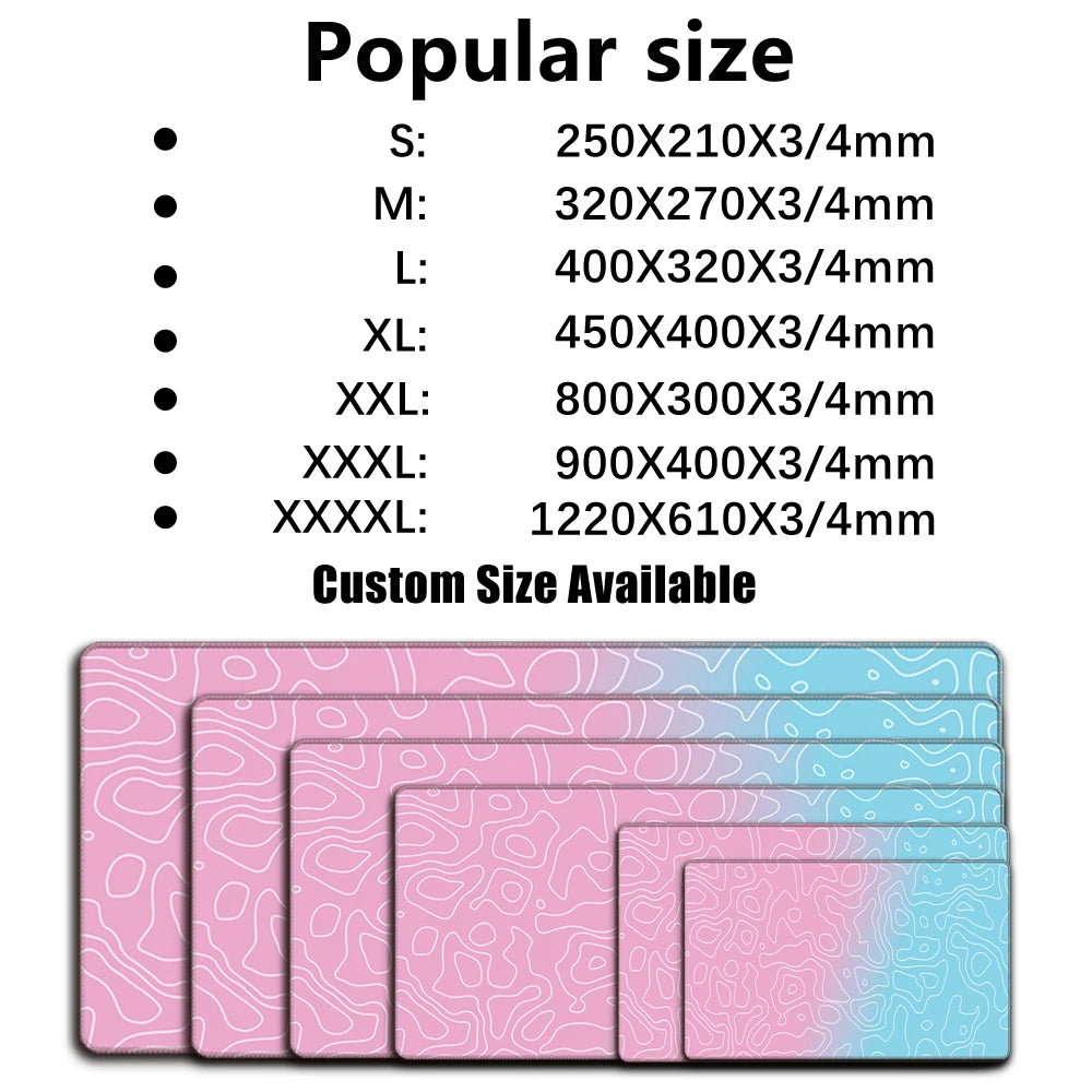 Desk mat size chart from S to XXXXL with custom size option