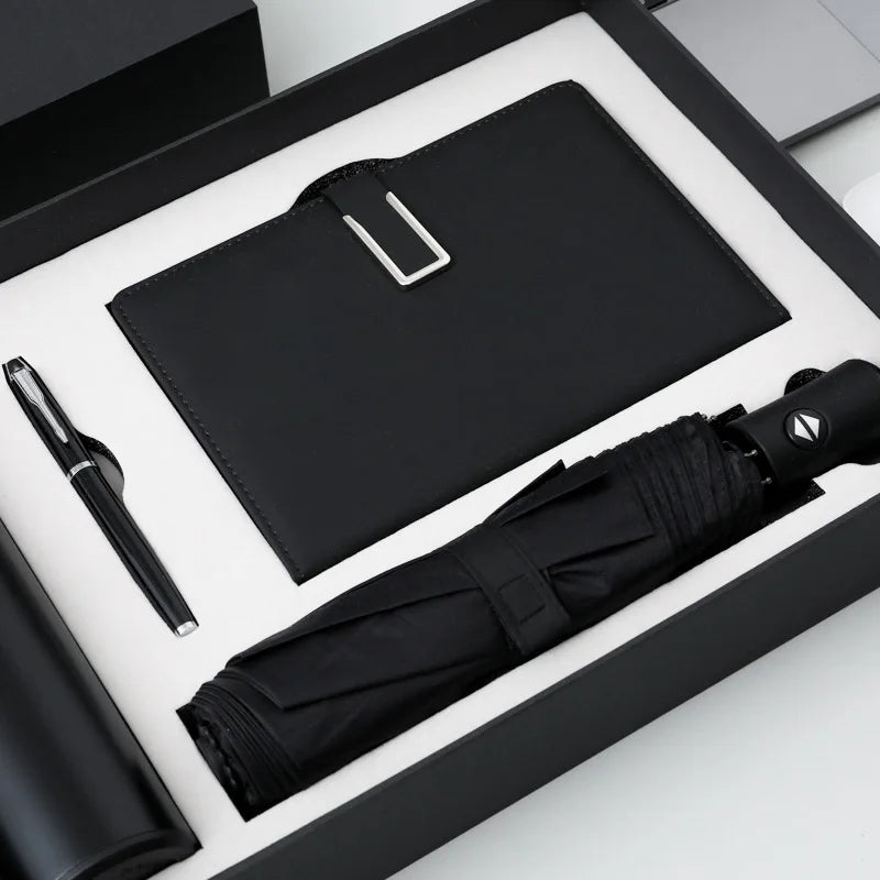 Wholesale Custom Logo Business Conference Gift Set - Umbrella Water Bottle PU Leather Notebook Stationery 4-Piece Set