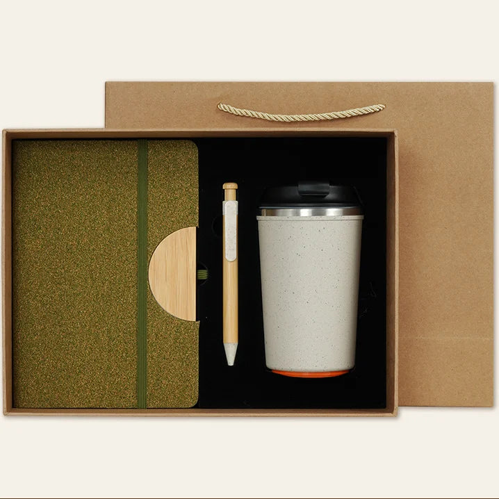Custom Cork Notebook & Bamboo Pen Cup Set | Eco Gift