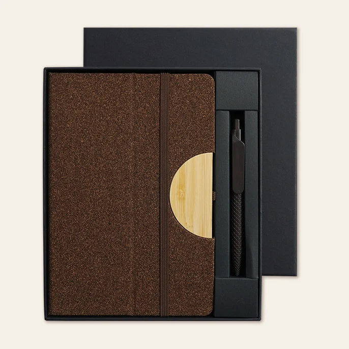 Custom Cork Notebook & Bamboo Pen Cup Set | Eco Gift