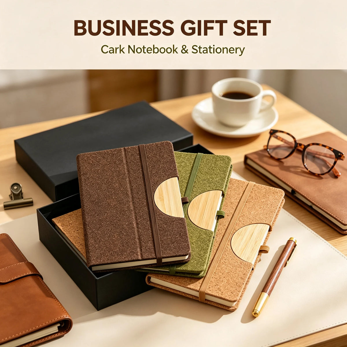 Custom Cork Notebook & Bamboo Pen Cup Set | Eco Gift