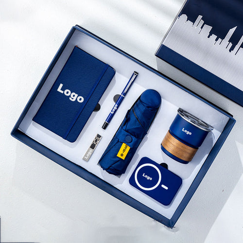 Custom logo executive gift set with notebook pen USB umbrella tumbler power bank