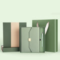 Sage green loose-leaf notebook set with pen in a green gift box with bag