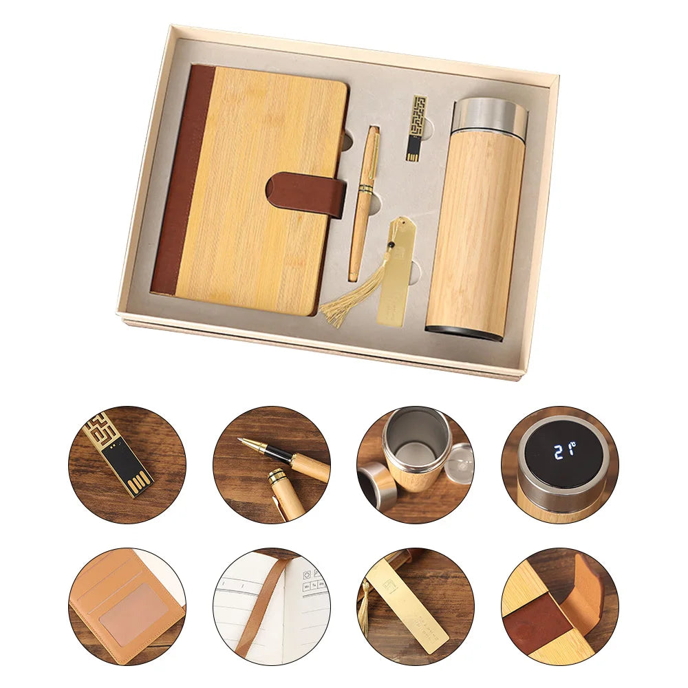 Custom A5 Notebook Gift Set - Wood Bamboo Diary Planner with Pen & Thermos Mug