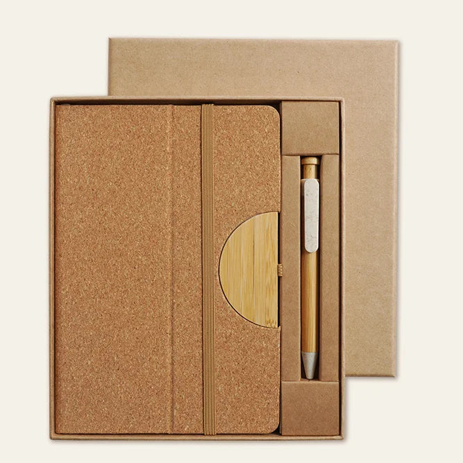 Custom Cork Notebook & Bamboo Pen Cup Set | Eco Gift